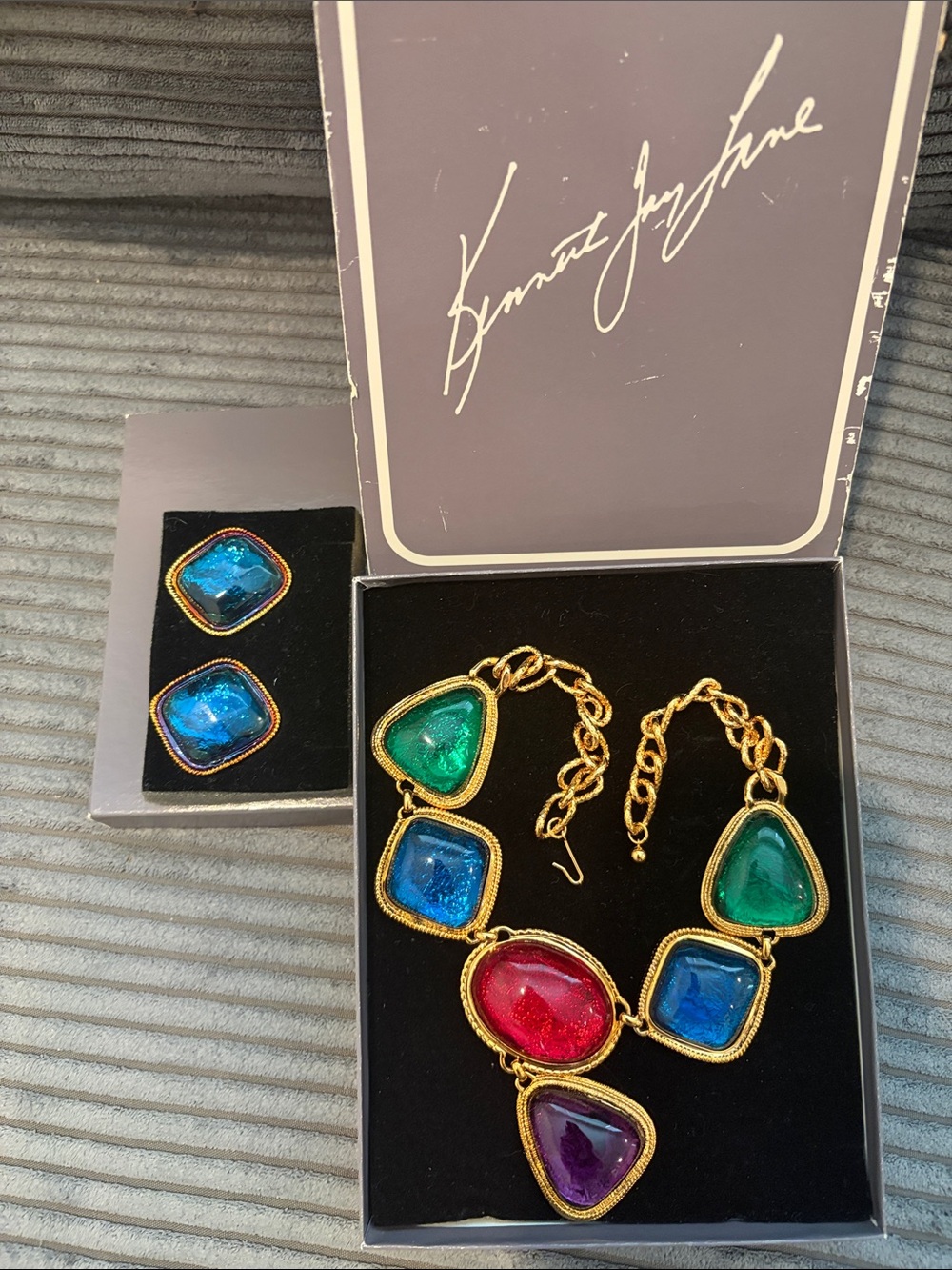 Kenneth Jay Lane Bold Multicolor Glass Bib Necklace with Matching Earrings